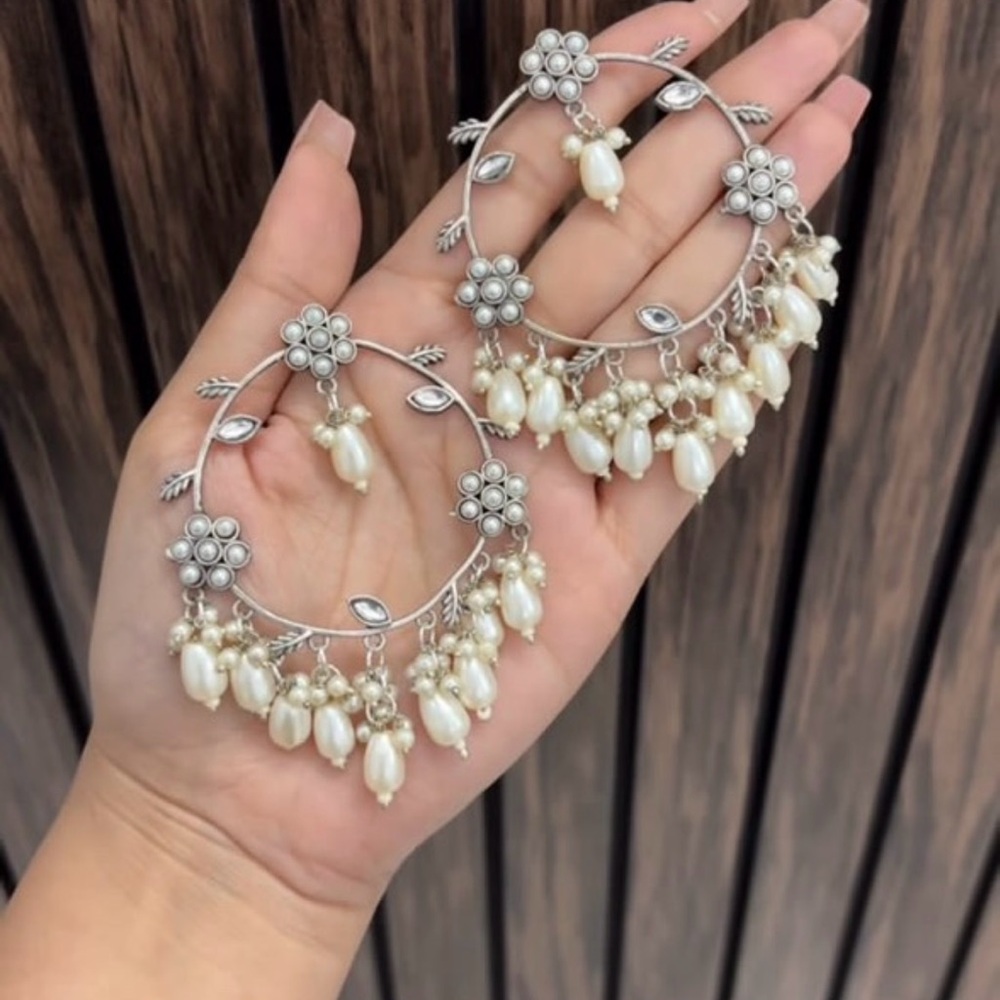 Elegant Silver and Cream Floral Hoop Earrings